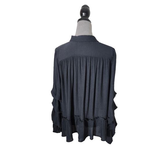 Lumie Women's Button Down Long Ruffle Sleeve Victorian Blouse Navy Blue in Small - Picture 2 of 7